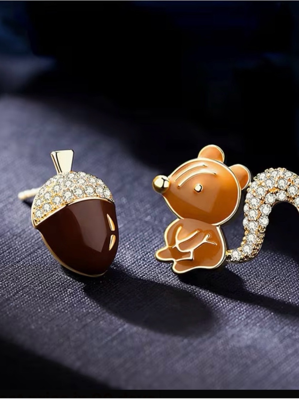 Gold and Brown Enamel Squirrel & Acorn Stud Earrings
